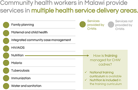 Community health workers in Malawi provide services in multiple health service delivery areas.