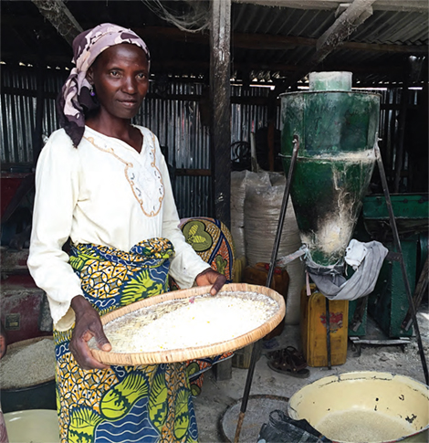 Photo of a women working inside a rice and grain mill.