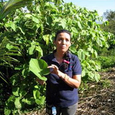 Photo of a young person holding a large leaf with trees in the background