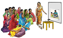 Cover illustration: a woman giving a slide show/power point demonstration to a group of mothers and fathers with their children