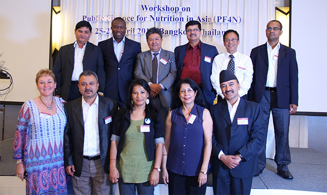 SPRING’s Pathways to Better Nutrition (PBN) team member Madhukar B. Shrestha (top, second from right) recently attended the Public Finance for Nutrition in Asia (PF4N) workshop in Bangkok, Thailand, as part of the larger Nepali delegation.