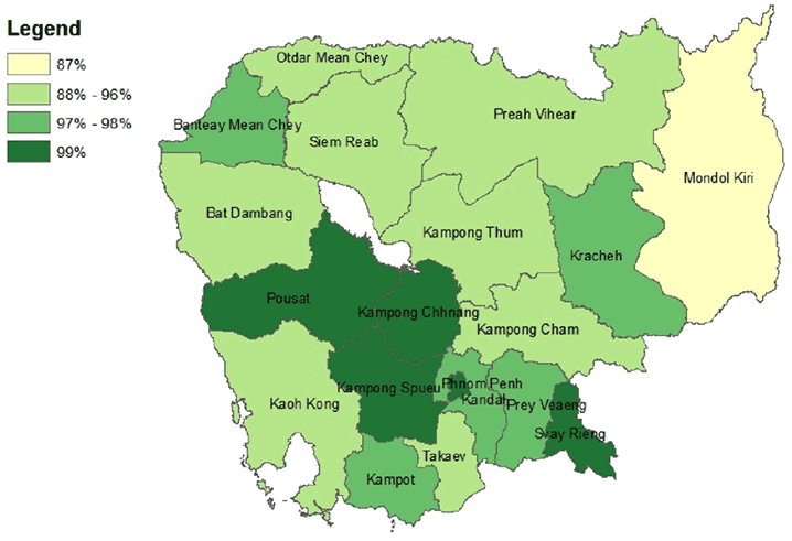 Figure 3. Percentage of Women Who Had at Least One ANC Visit and Received at Least One IFA Tablet by Province, Cambodia, 2010