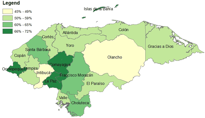 Figure 3. Percentage of Women Who Had at Least One ANC Visit and Received at Least One IFA Tablet by Department, Honduras, 2011/2012