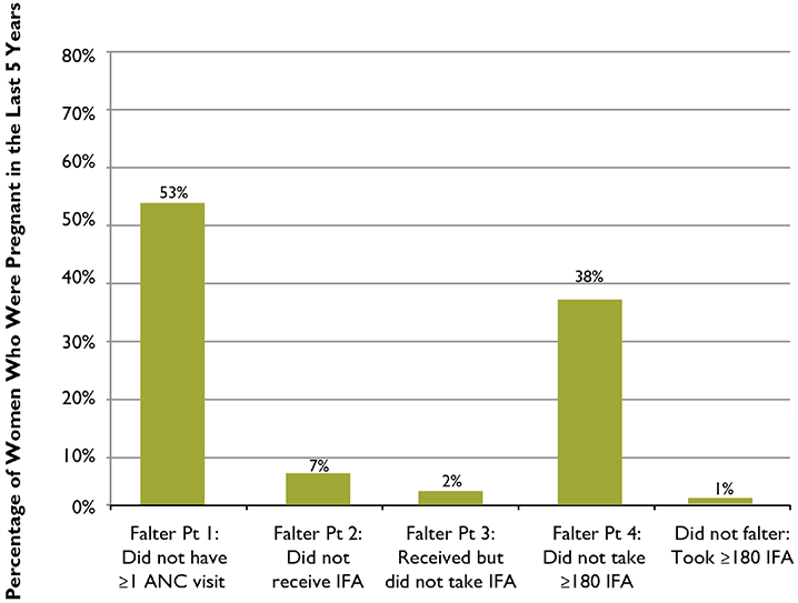 Figure 5. Relative Importance of Each Falter Point in Niger: Why Women Who Were Pregnant in the Last Five Years Failed to Take the Ideal Minimum of 180 IFA Tablets
