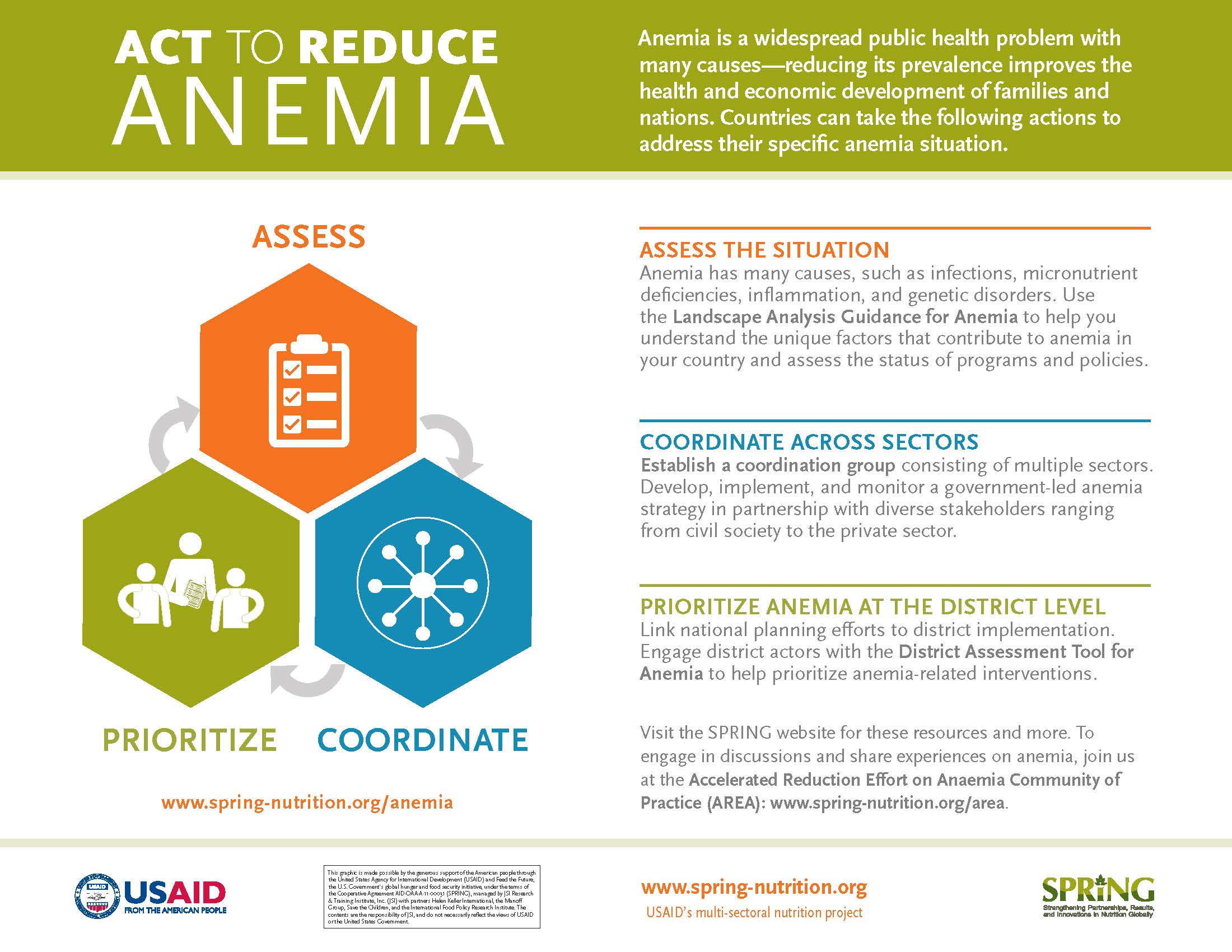Anemia infographic. Images: graphics representing the 3 stages - assess, prioritize, coordinate. Title: Act to Reduce Anemia, Summary: Anemia is a widespread public health problem with many causes—reducing its prevalence improves the health and economic development of families and nations. Countries can take the following actions to address their specific anemia situation. Text: ASSESS THE SITUATION Anemia has many causes, such as infections, micronutrient deficiencies, inflammation, and genetic disorders. 