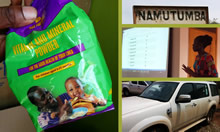 Collage showing a MNP packet, a sign of Namutumba, a presentation of data, and a SPRING vehicle