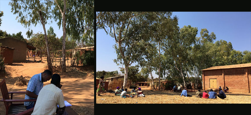 A contracted enumerator conducts an Annual Direct Beneficiary Agricultural Outcome Survey for one project in Malawi (left). Several enumerators formed a team, and farmers sampled for the survey gathered in the village open space waiting for their turn (right) .
