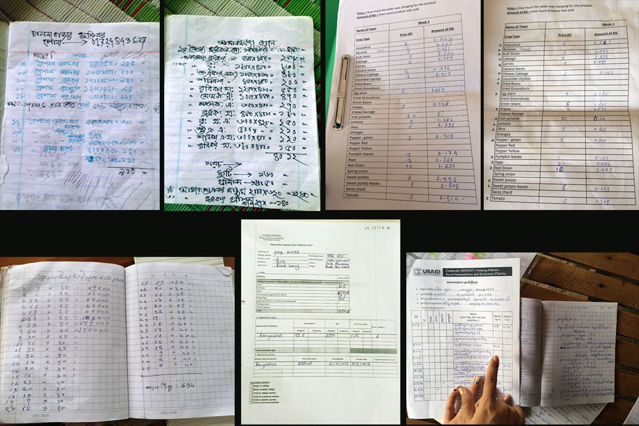 The records from farmers in each country show how information is recorded. (Top left to top right: handwritten Bangladesh records 1 and 2; filling in a premade form in Zambia 1 and 2; Bottom left to bottom right: simple record from Cambodia; an IP staff summary from Cambodia; a Cambodia model farmer keeps a raw record and a cleaned record on the project’s premade form)