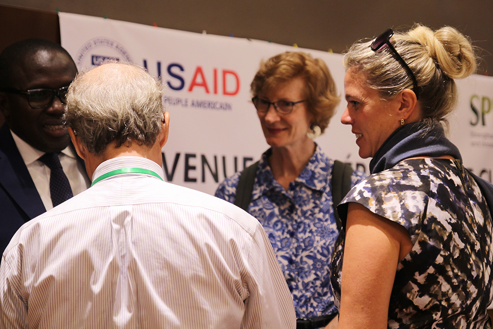 SPRING/Senegal Chief of Party, Bob de Wolfe, USAID Mission director, Lisa Franchett, national coordinator of the Unit for the Fight against Malnutrition, Abdoulaye Ka, and SPRING Country Program Leader, Nathalie Albrow, chat during the close-out ceremony in Dakar.