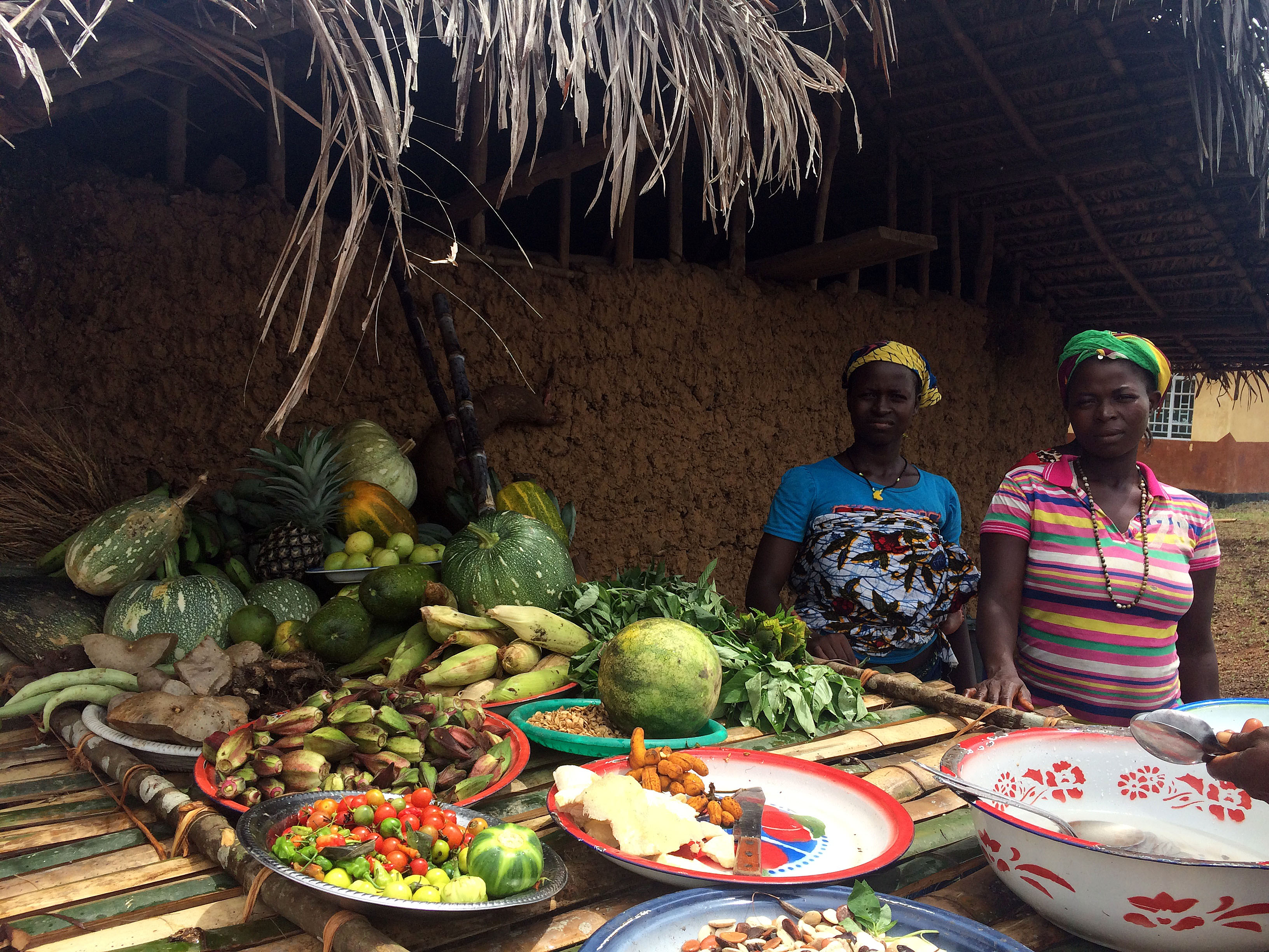 A community women’s group presents produce that they grew in their community garden, supported by a local NGO.