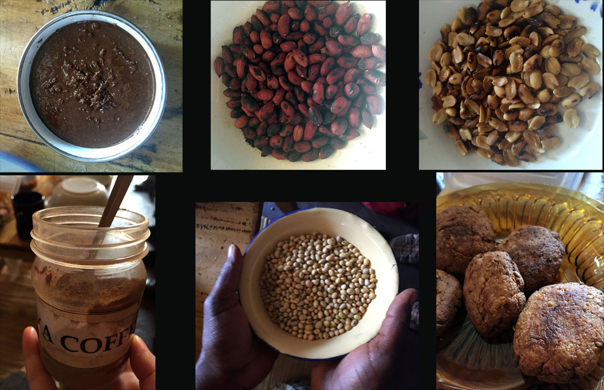  In Zambia, soybeans and peanuts are made into a variety of local products. (Top left to top right: peanut butter, roasted peanut with skin, roasted peanut without skin; bottom left to bottom right: soya coffee (made from ground roasted soybeans), soybeans, scones made from soybeans)