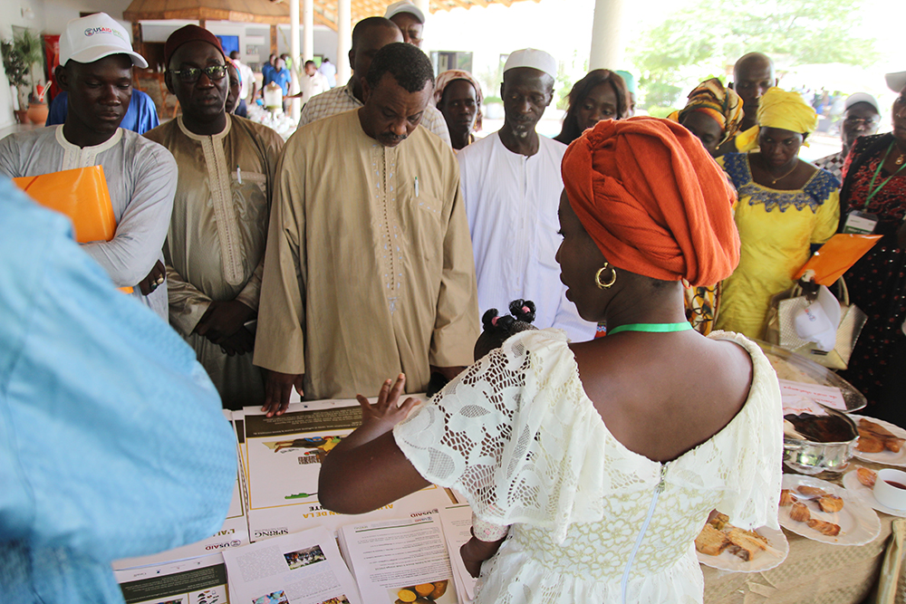 SPRING/Senegal nutrition advisor, Mariam Sy, speaks to guests about SPRING’s accomplishments in nutrition, gender and hygiene at one of the stands set up to showcase project achievements. 