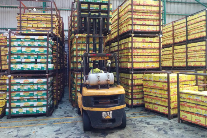 A forklift grabs a palette of boxes and takes them to the loading dock