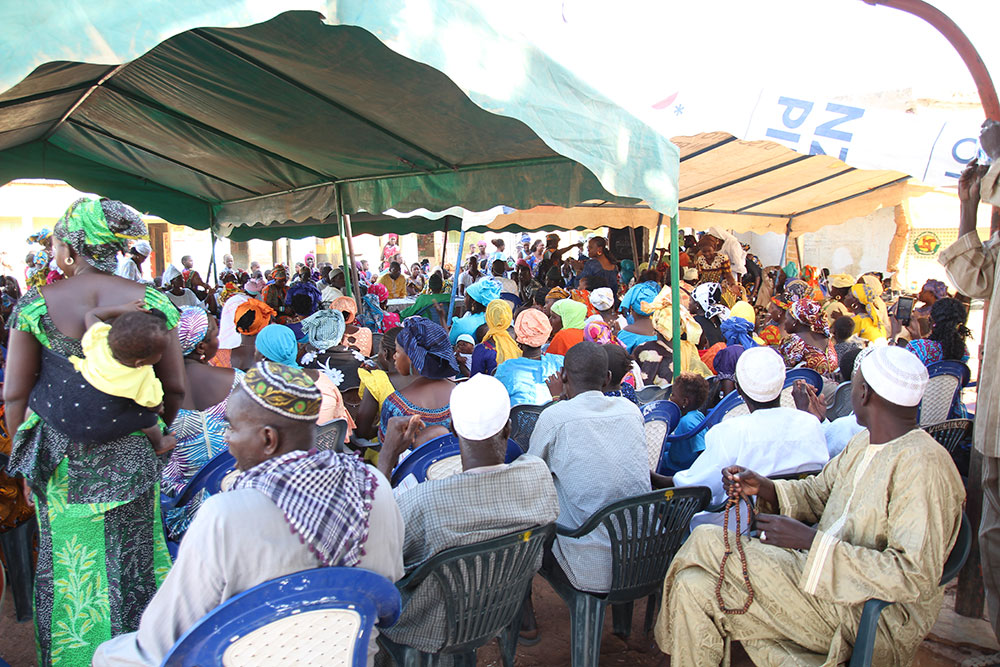 Crowds gather in Dinguiraye Communes for the Malaria Day events.