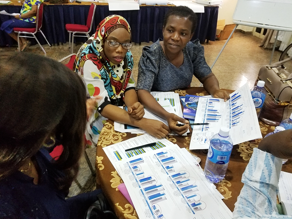 In Abuja, participants analyze findings presented on “data placemats”.