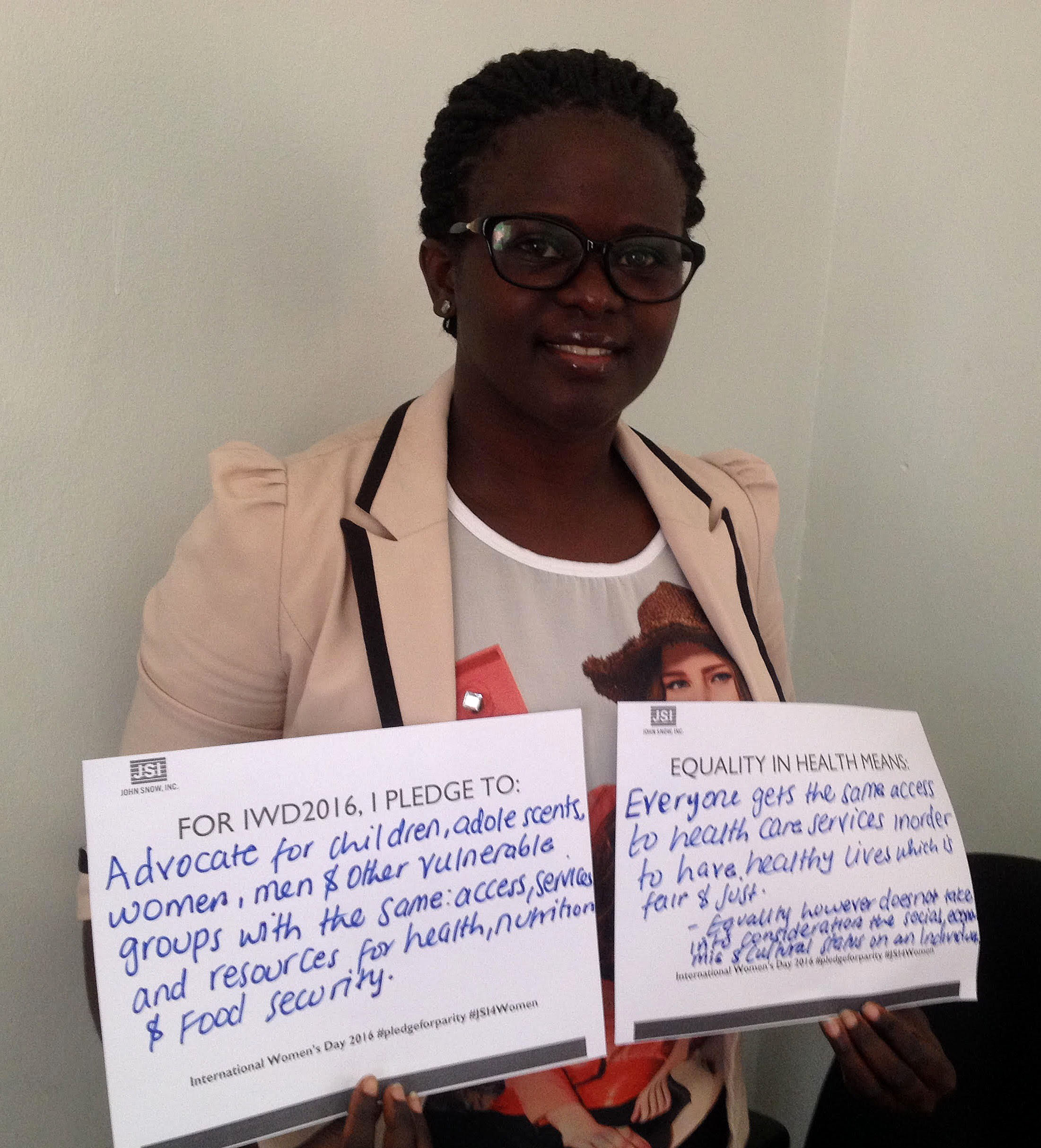 “For IWD ’16, I pledge to advocate for children, adolescents, women, men, and other vulnerable groups with the same: access, services, and resources for health, nutrition, and food security. Equality in health means: everyone gets the same access to health care services in order to have healthy lives, which is fair and just. Equality, however, doesn’t take into consideration the social, economic, and cultural status of an individual”