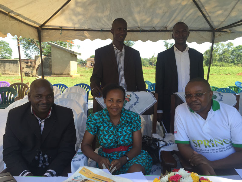 Front row, from left to right: Emmanuel Ahimbisibwe (MOH), Dr. Jacent Asiimwe (MOH), David Katuntu (SPRING). Back row, from left to right: Kasubi Wycliff (Namutumba District) and Kizito Ndegeya (Namutumba District)
