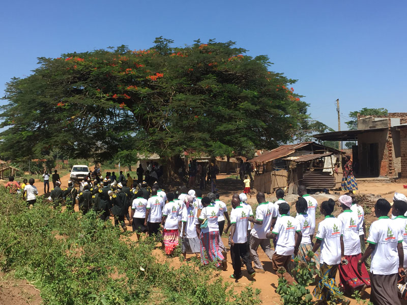 A band leads Village Health Team members on a march through Nsinze to gather attendees and promote the launch 