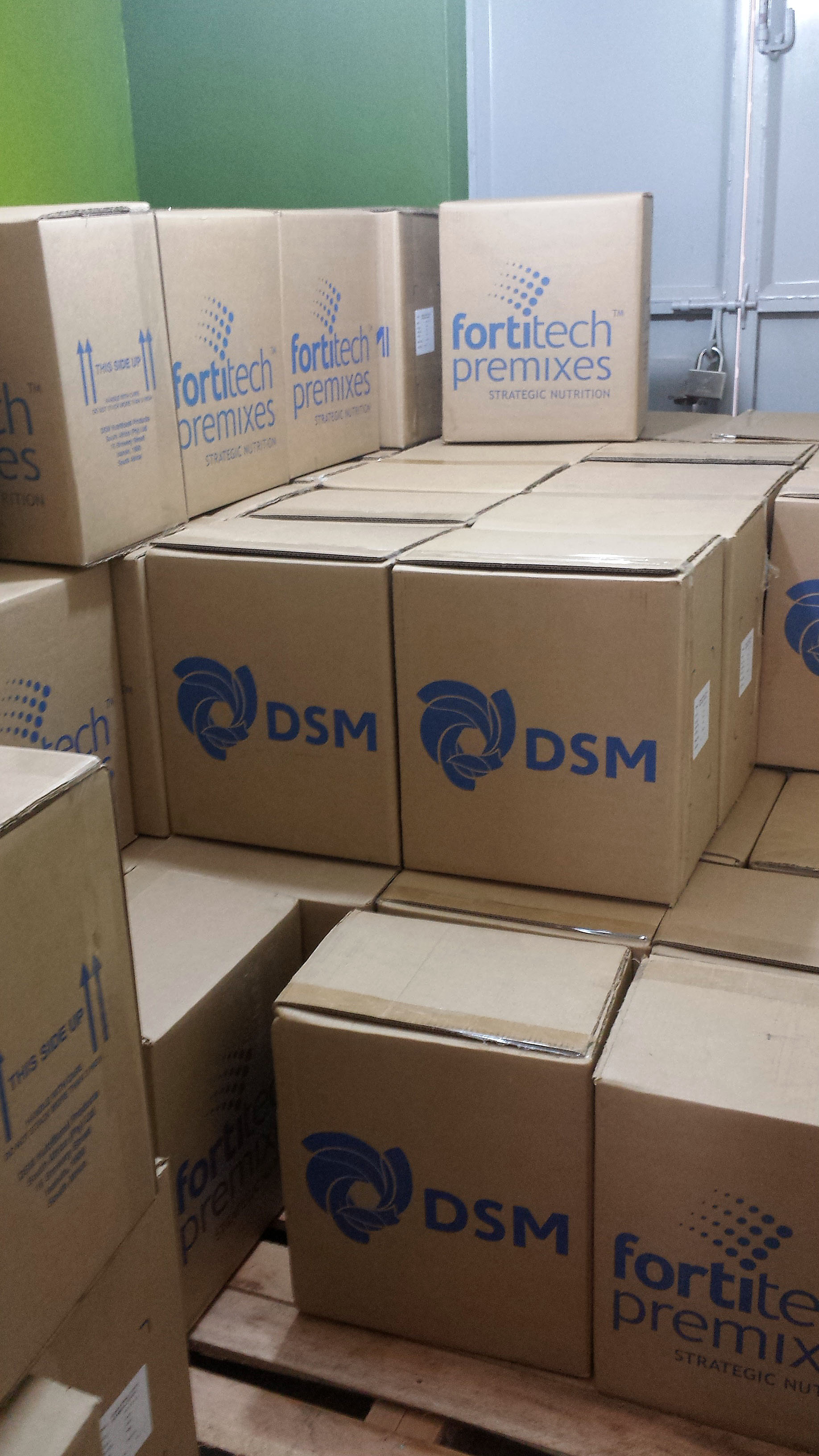 Boxes of packaged micronutrient powders (MNPs) are stored at the SPRING office warehouses before being distributed.