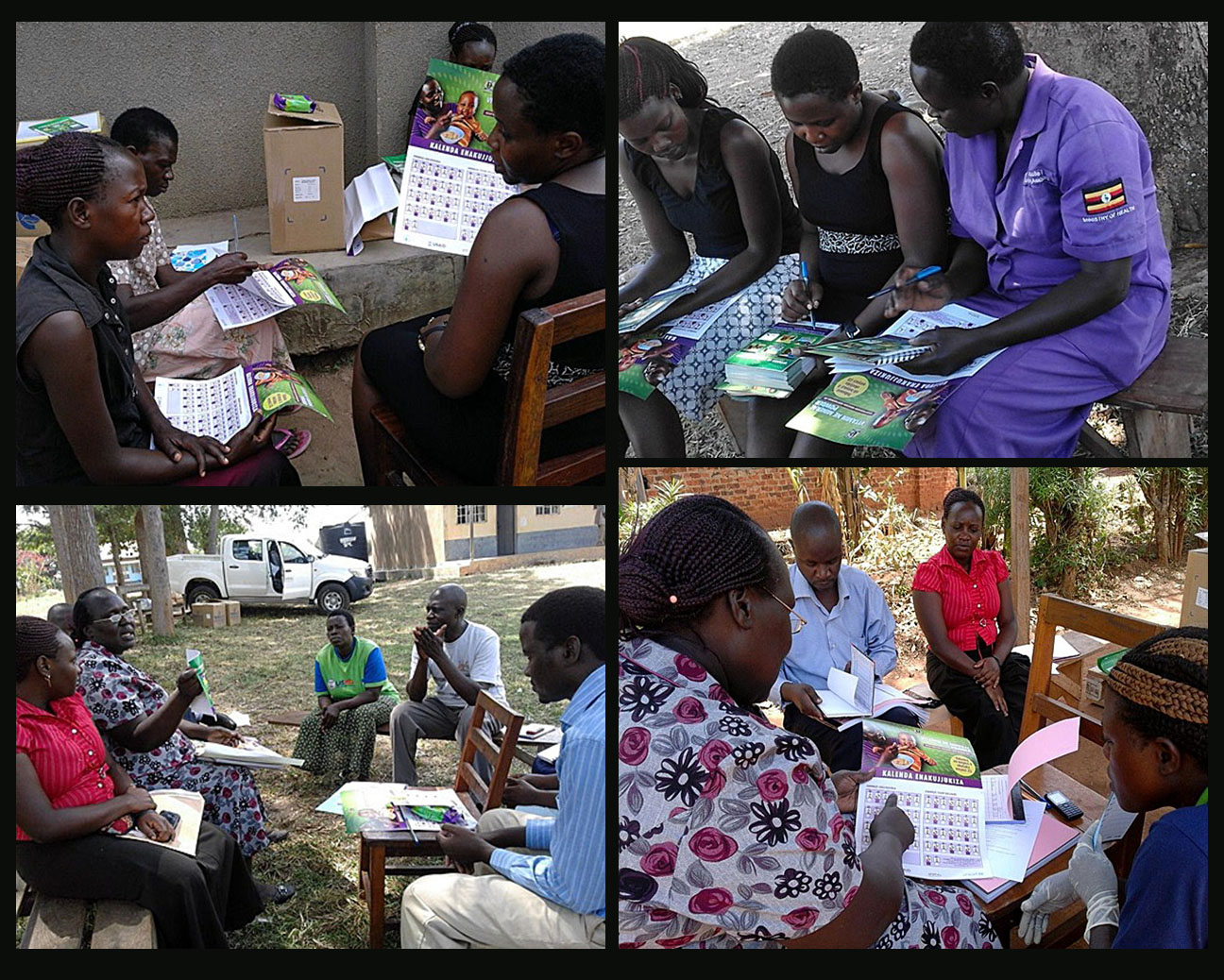 All of the health workers involved with MNP distribution completed a five-day training, learning about the MNPs. After the MNPs and materials were dropped off at the health facilities, health workers were given short orientations (pictured here), in which they discussed counseling clients with these materials and introducing them to the MNPs. Top left: Namuwondo Health Center (HC) II Top right:  Kigalama HC II Bottom left: Magada HC III  Bottom right: Mazuba HC II