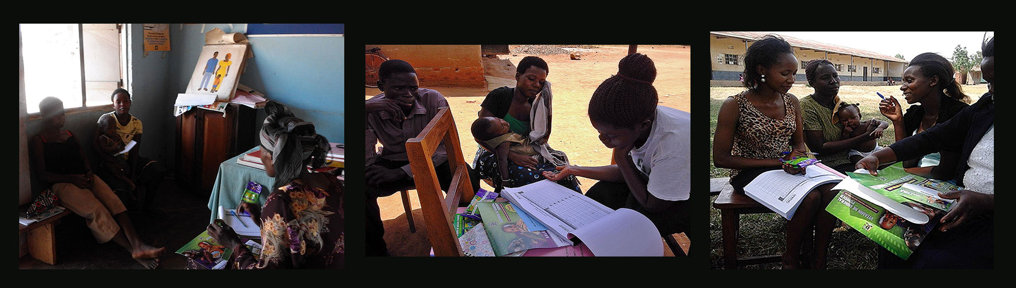 Caregivers with children aged 6 to 23 months are enrolled in the MNP program when they visit a health center. During enrollment, they receive instructions and counseling from the trained health workers. Clients learn what the different materials are, how to use the MNPs, what to do about possible side effects, and how to prepare food to which the MNPs can be added. From left to right, the first clients enroll at health centers: Kigalama Health Center II, Mazuba HCII-NGO, and Magada HCIII