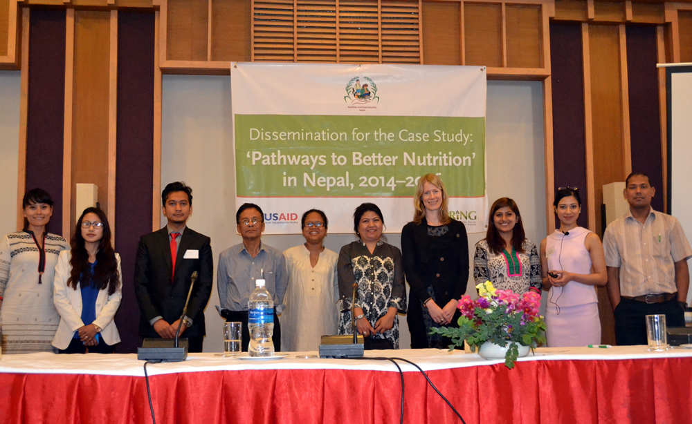 SPRING’s “Pathways to Better Nutrition” (PBN) Nepal case study team and HKI Nepal staff who helped support the study gathered at the final national dissemination event, held in Kathmandu on April 20th 2016