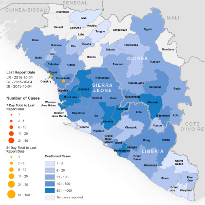 Figure 1. Geographical Distribution of New and Total Confirmed Ebola Cases In Guinea, Liberia, and Sierra Leone (WHO October 7, 2015)