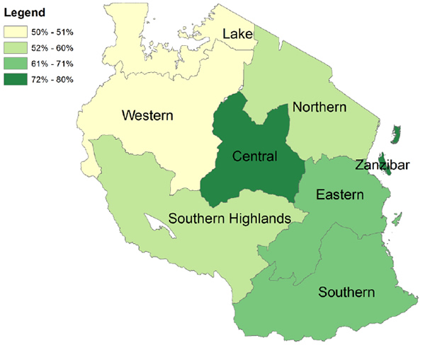 Figure 2. Percentage of Women Who Had at Least One ANC Visit and Received at Least One IFA Tablet by Zone, Tanzania, 2010