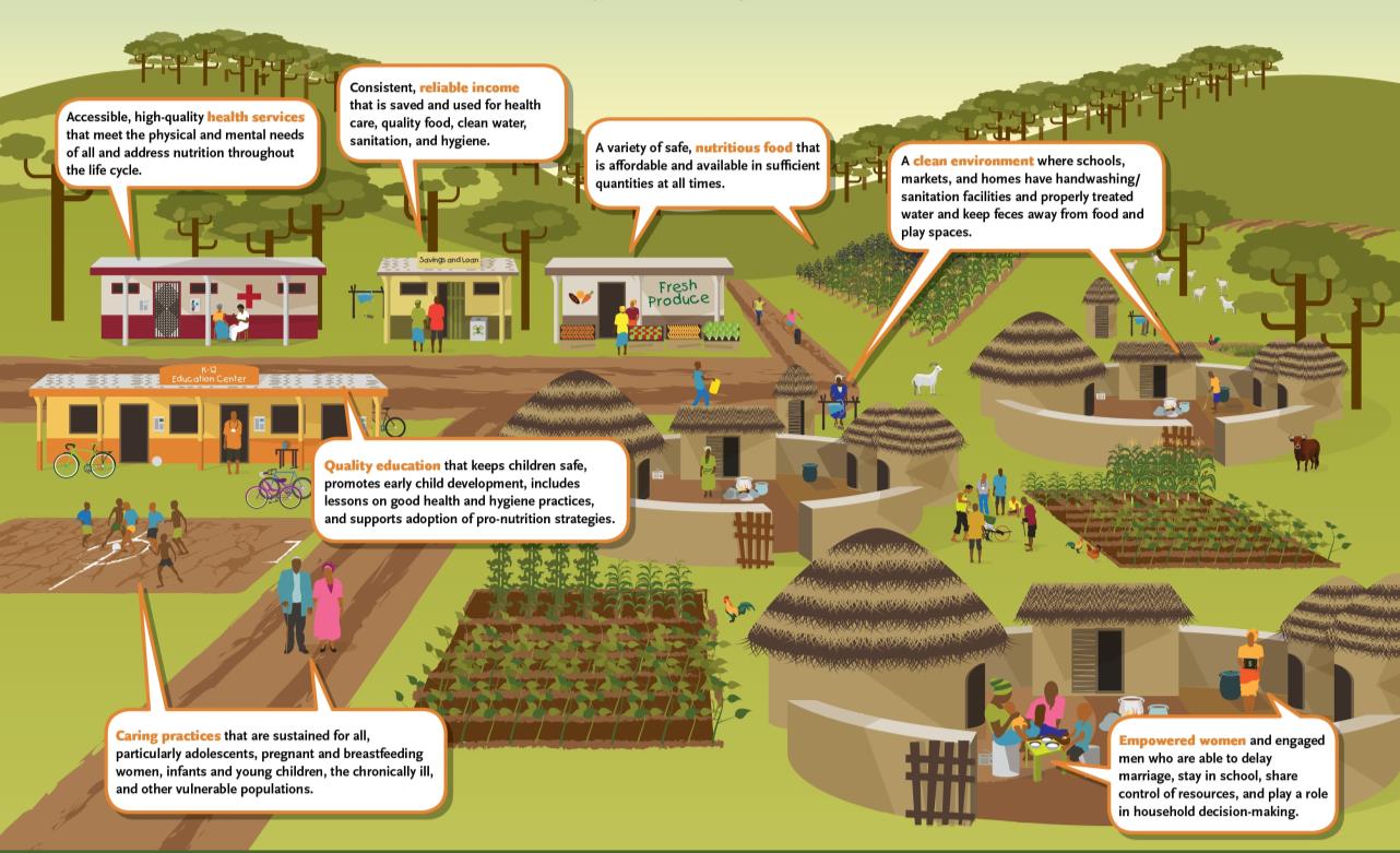 Figure 3: Nutrition, Growth, and Development in the Community. "The illustration in figure 3 depicts an ideal community that has all of the ingredients for good nutrition, growth, and development."