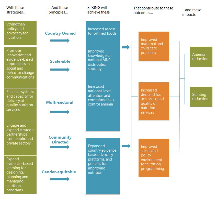 Figure 2. SPRING/Uganda’s Approach to Achieving Better Nutrition for Women and Children. "The goal of the SPRING/Uganda project was to reduce stunting in children 0–23 months and anemia among children 0–23 months and women of reproductive age, as seen in Figure 2."