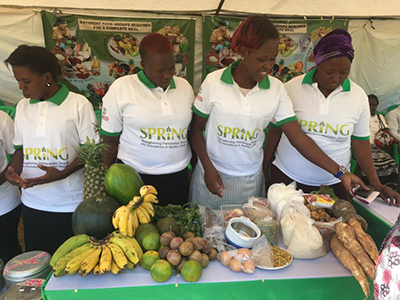 Photo of four women wearing SPRING tee shirts presenting a table of health foods. Caption: "SPRING booth displaying healthy foods at the launch of the micronutrient powder pilot project in Namutumba District."