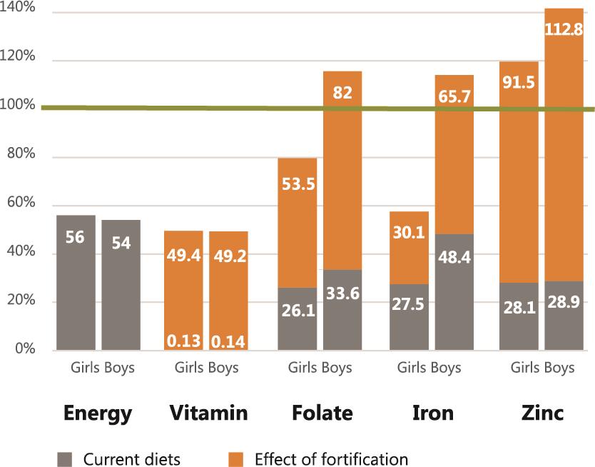 Figure 5. Additional Value of Fortification on RDA of Key Nutrients, by Sex. "Our dietary intake survey found that children derived over 50 percent of their energy needs from maize flour foods provided in school. However, current school maize-based meals are poor in micronutrients—especially iron; girls met 28 percent of their iron recommended daily allowance (RDA) and boys met 48 percent of the iron RDA from maize-based foods. Girls’ intake of micronutrients was lower because they consumed smaller quantiti
