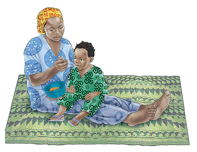 A color illustration of a mother feeding her child with a spoon. Caption: "Patterns help the image to look more vibrant and realistic."