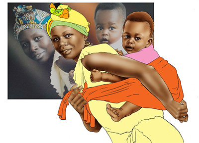 In the foreground, a photo-illustration--in the background, a photograph--of a mother carrying her child on her back. Caption: "The PTI process attempts to harness the flexibility of illustration with the details of photography."