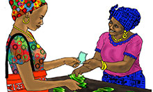 Illustration where a woman makes a purchase from a vendor
