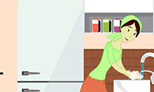 Animated woman washing her hands in the kitchen