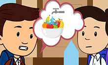 Animation of two boys with a thought bubble between them showing fruit under a water tap.