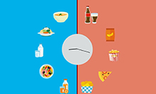 Image of an animated clock with different foods circling around it. 