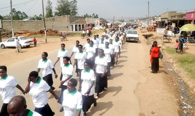 Participants marching in the streets of Kisoro during the breastfeeding commemoration day.